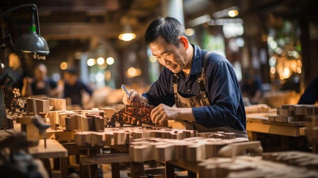 熟練 し た 職人 が アジア の 工場 で 木製 の 作品 を 作っ て いる