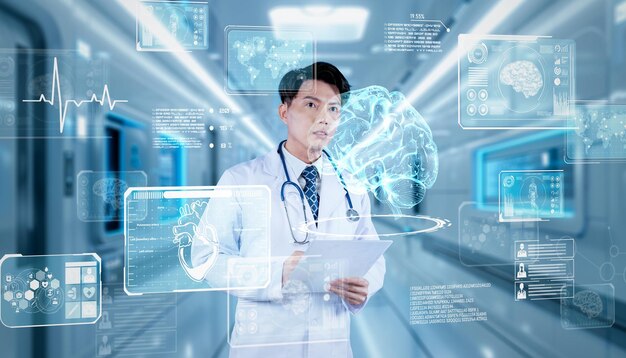 Photo skilled doctor holding document while standing at hospital corridor ingenuity