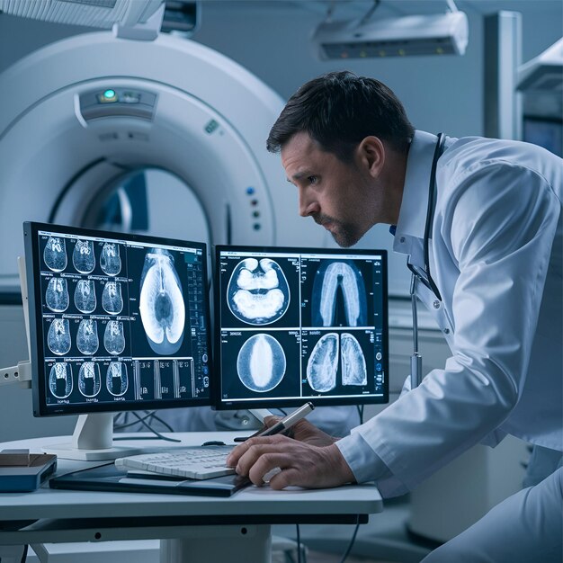 Skilled doctor specializing in interpreting CT MRI tomography scans in medical laboratory settings