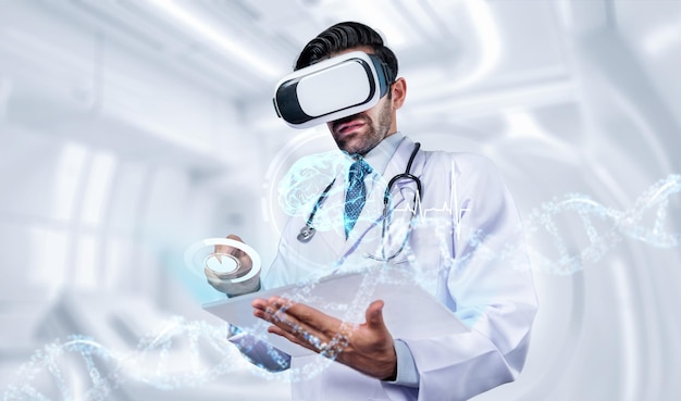 熟練した医師はVRゴーグルを使用し,実験室での遺伝的偏差に関する研究を行っています.