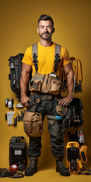 Skilled Electrician on Solid Yellow Background