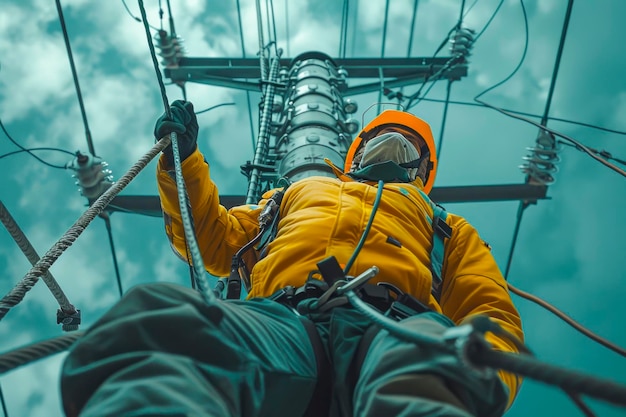 Skilled electricians fixing highrise electrical system from below unique perspective captured