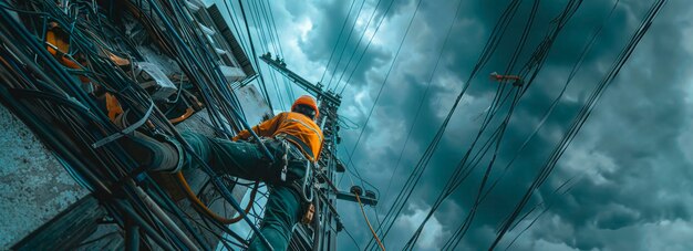 高空の電気修理に携わる熟練した電気技師たち - 独特の底からの視点から