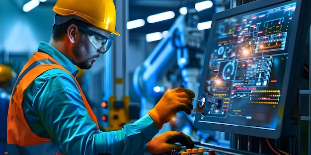 skilled engineer operating automated machine with programmable logic controller concept engineering automation programmable logic controller robotics skilled labor