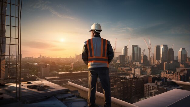 A skilled engineer in a yellow vest and hardhat works at a construction site