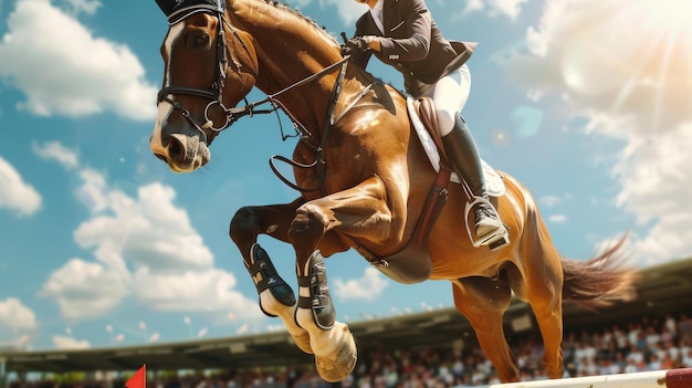 Skilled Equestrian Rider Jumping Horse Over Obstacle