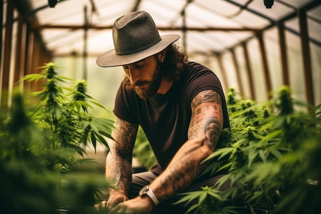 Skilled Farmer Tending to Plants in the Greenhouse