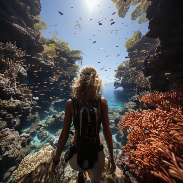 Skilled female diver gracefully explores the underwater world