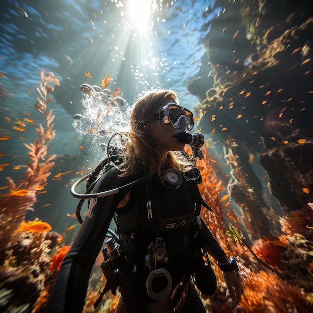 Skilled female diver gracefully explores the underwater world