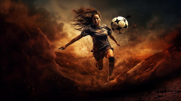 Photo skilled female soccer player running on the field playing football