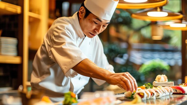 Foto un esperto e concentrato chef giapponese è impegnato a preparare un delizioso e accattivante piatto di sushi