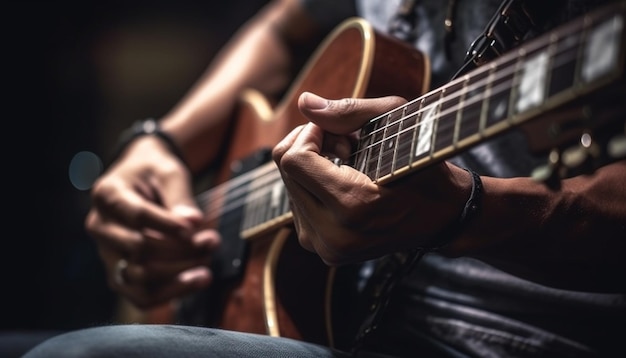 The skilled guitarist plucks the strings of his acoustic guitar generated by AI