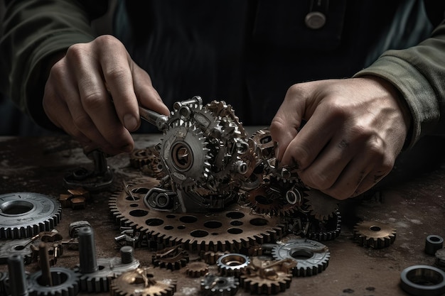 A skilled hand assembles an intricate machine with gears generative IA