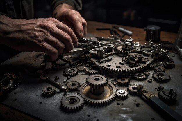 Photo a skilled hand assembles an intricate machine with gears generative ia