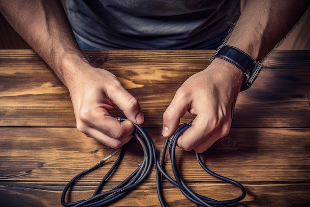 Photo skilled hands a closeup of a man handling cables