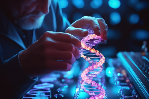 Photo skilled hands modify dna strands with advanced tools pushing boundaries in genetic engineering