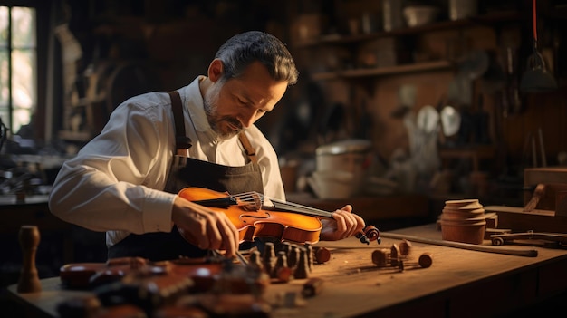 Skilled italian violin maker shaping wood and strings