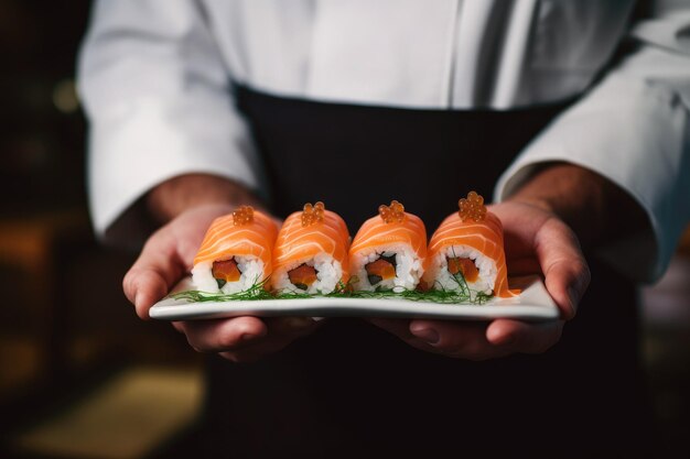 Фото Опытный японский шеф-повар с тарелкой свежих суши-роллов