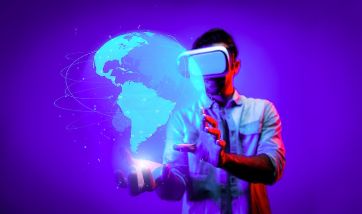 Photo vrゴーグルを使ってグローバルネットワーク接続の偏差を接続する 熟練した男性