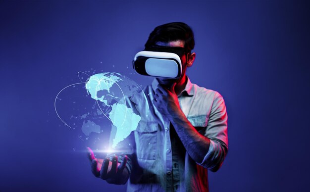 Photo skilled man using vr goggle to connect global network connection deviation