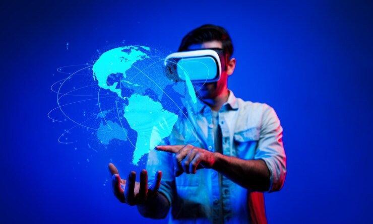 Photo vrゴーグルを使ってグローバルネットワークに接続する 熟練した男性