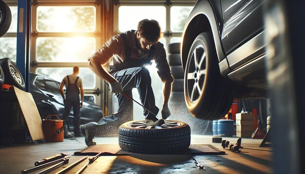 Photo skilled mechanic swiftly changing car tire with speed and precision in candid daily work environment