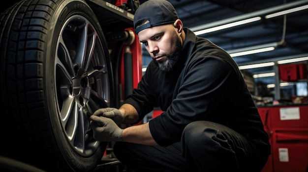 Foto meccanico qualificato al lavoro un meccanico professionista si occupa con competenza della sostituzione dei pneumatici in un garage di riparazione automobilistica, assicurandosi che i veicoli siano dotati dei pneumatici giusti per la stagione