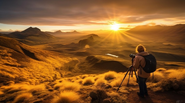 A skilled photographer capturing the golden hour in a stunning landscape