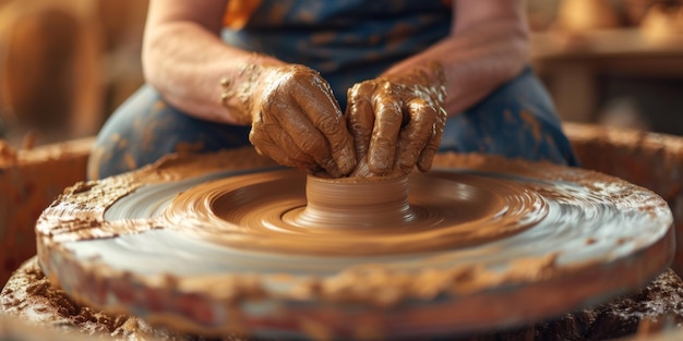 Skilled Pottery Artist Shaping Clay On A Spinning Wheel With Copy Space