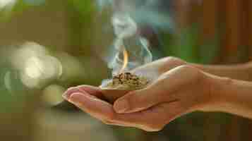 Photo a skilled practitioners hand holding a small bundle of burning moxa herbs used in combination with