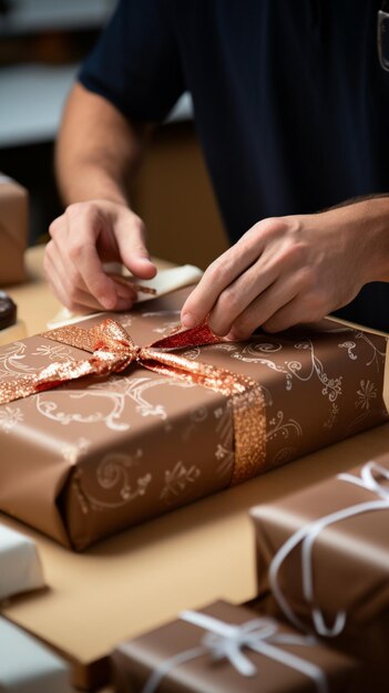 Skilled presentation Detailed shot captures confectioner wrapping cardboard box adeptly in closeup