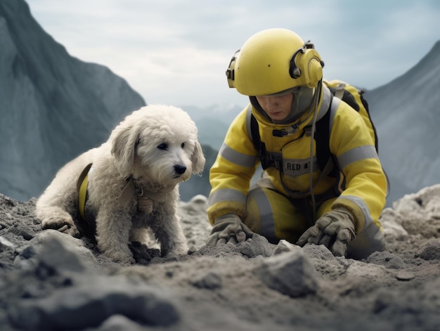 Skilled search and rescue dog working diligently in a disaster area