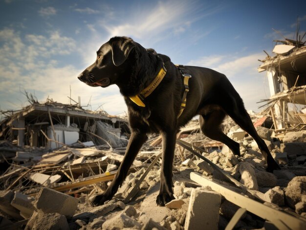 Skilled search and rescue dog working diligently in a disaster area