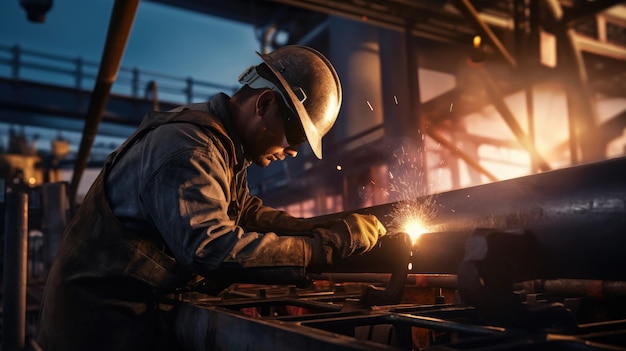 A skilled specialized worker in welding is repairing metal structures on an offshore oil plant