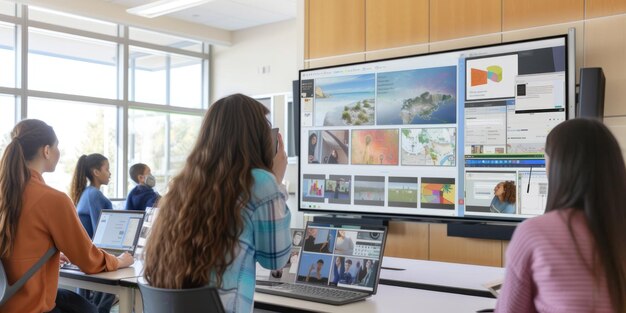 Foto insegnamento di insegnanti qualificati mentre studenti intelligenti frequentano le aule online