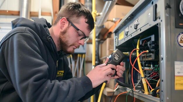 Skilled Technician Troubleshooting and Servicing HVAC System to Ensure Seasonal Comfort and Energy Efficiency