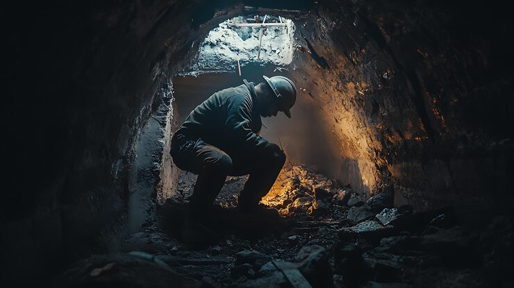 Фотография квалифицированный работник ремонтирует слабо освещенный подземный туннель