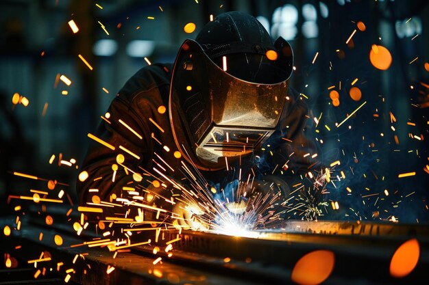 A skilled worker welding with bright sparks in an industrial manufacturing plant