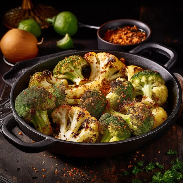 A skillet of cauliflower with a red pepper on the side.