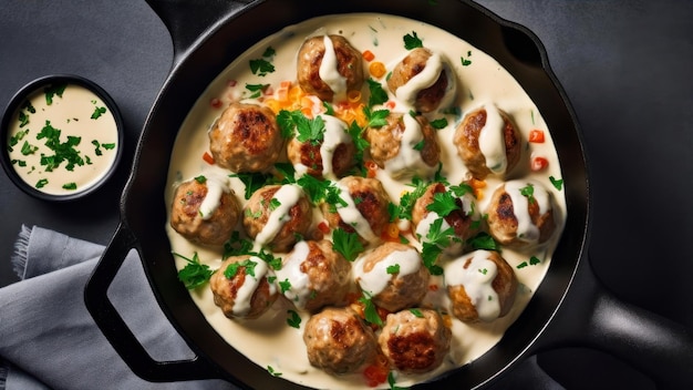 A skillet of meatballs with creamy sauce