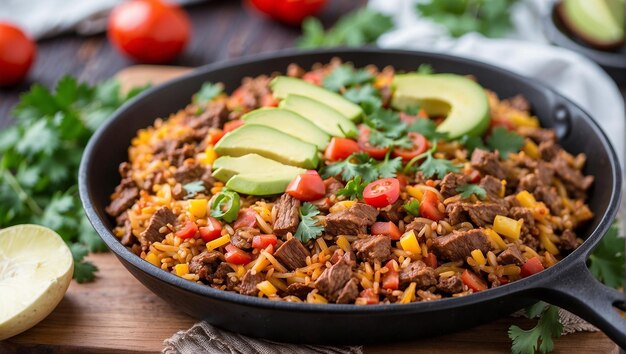 A skillet of Mexican food