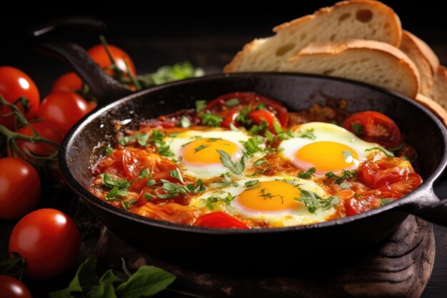 A skillet with eggs tomatoes and bread