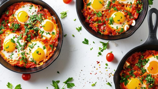 Skillets filled with eggs