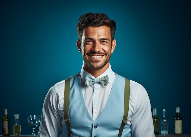 Skillful Bartender on Solid Blue Background