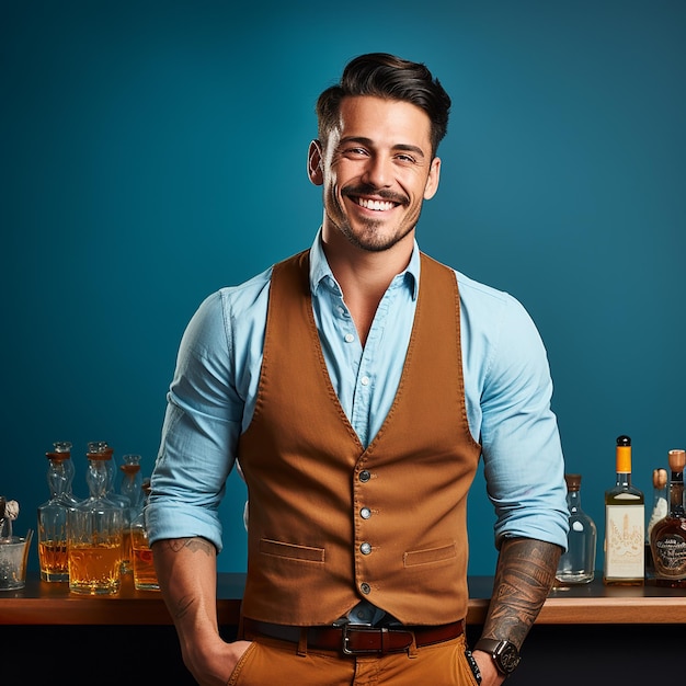 Skillful Bartender on Solid Blue Background