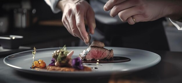 Skillful chef artfully plating a venison dish in a professional kitchen Generative AI