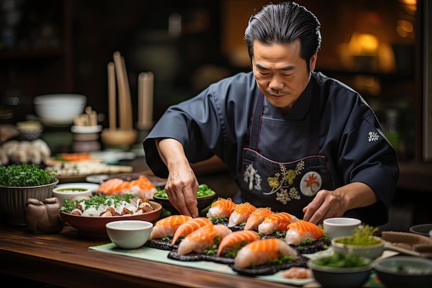 Skillful Japanese chef preparing fresh sushi generative IA