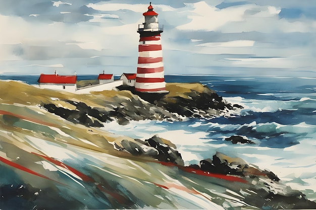 A skillful painting illustrating a vintage lighthouse with its red stripes enhancing the scene harmonizing with the intense shades of a tumultuous blue sea