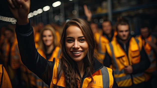 Skillful worker celebrate success in the factory