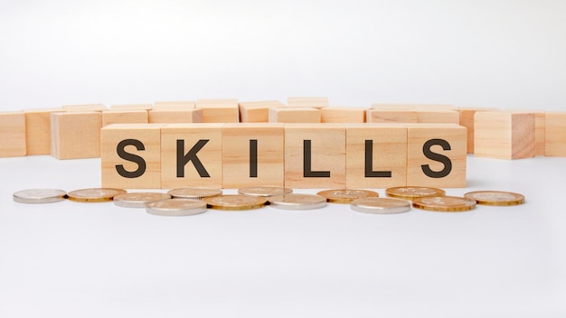 SKILLS concept, wooden word block on grey background